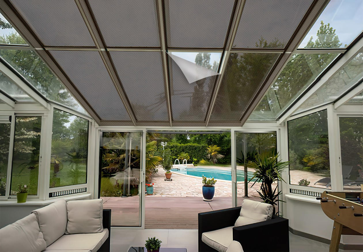 Veranda with repositionable bronze heat protection film with scratch