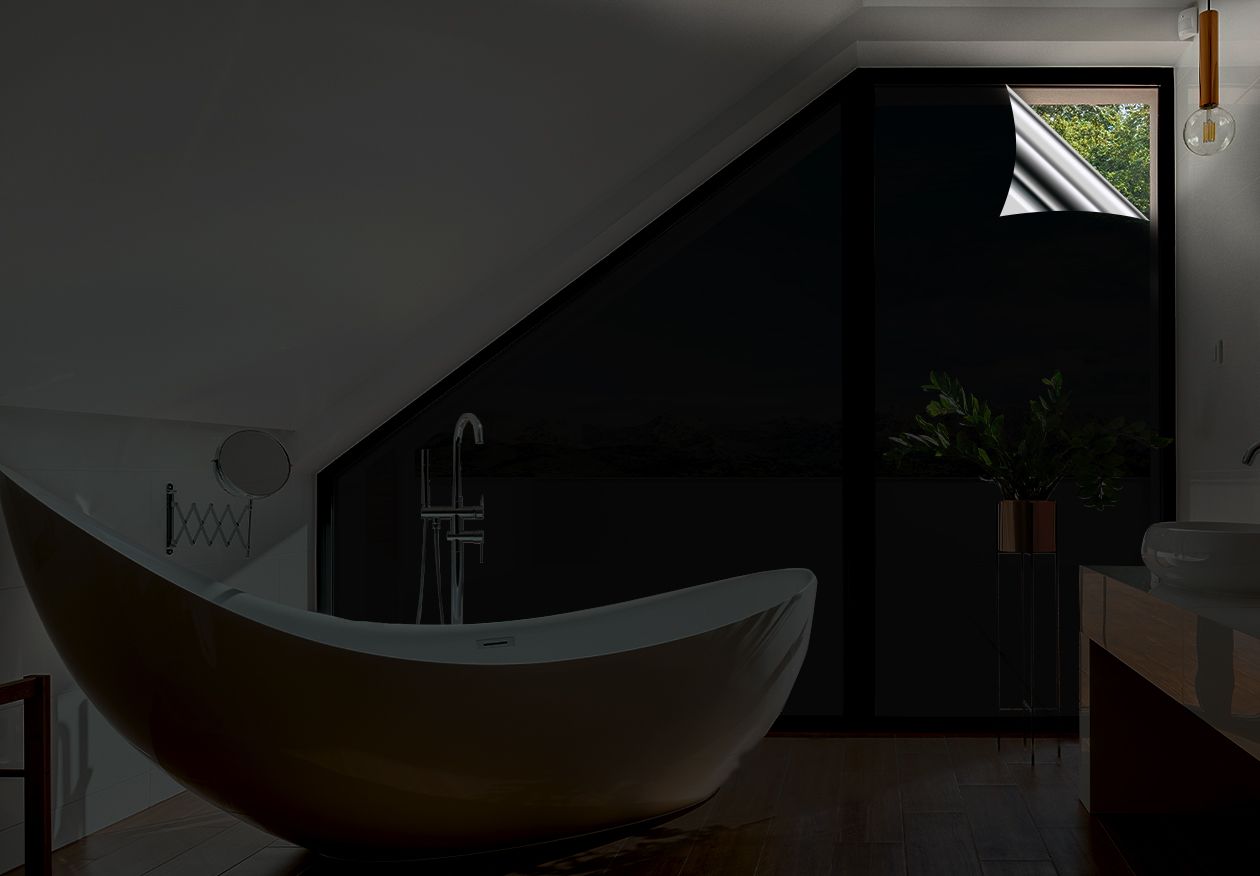 Bathroom with black opaque film with mirror effect