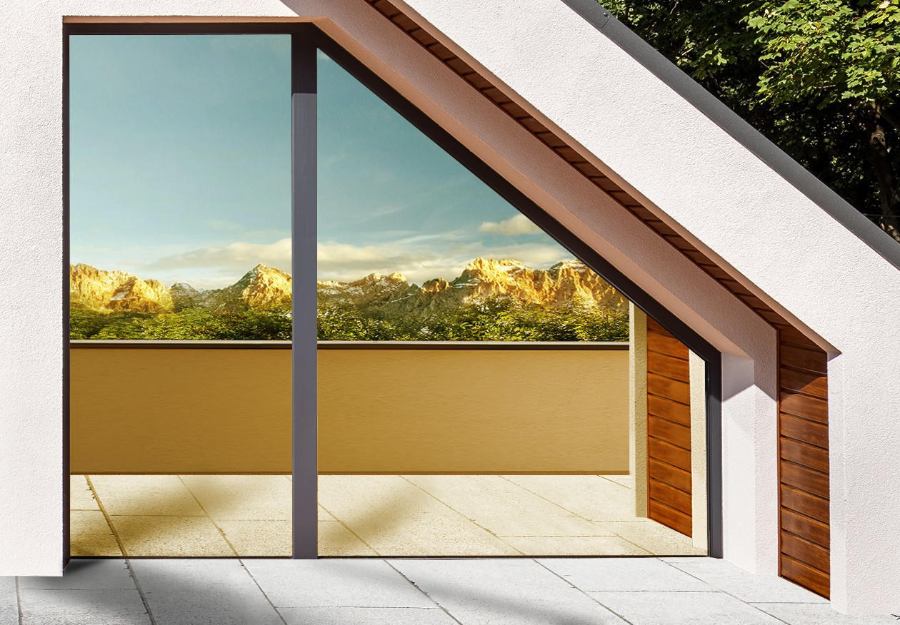 film for one-way mirror glass, gold colour, exterior view