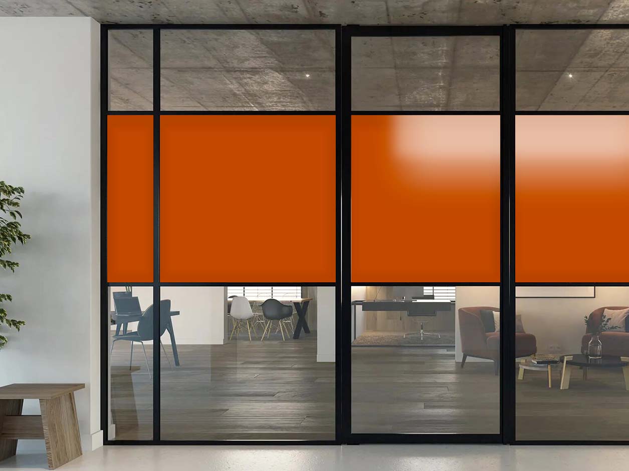 Glass door with orange opacifying film