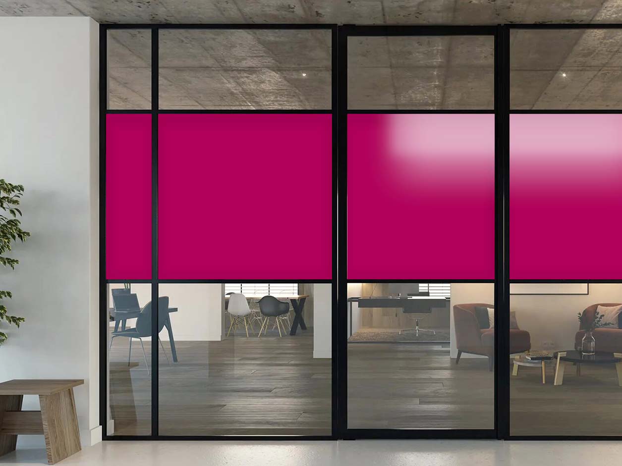 Glass door with pink opaque film