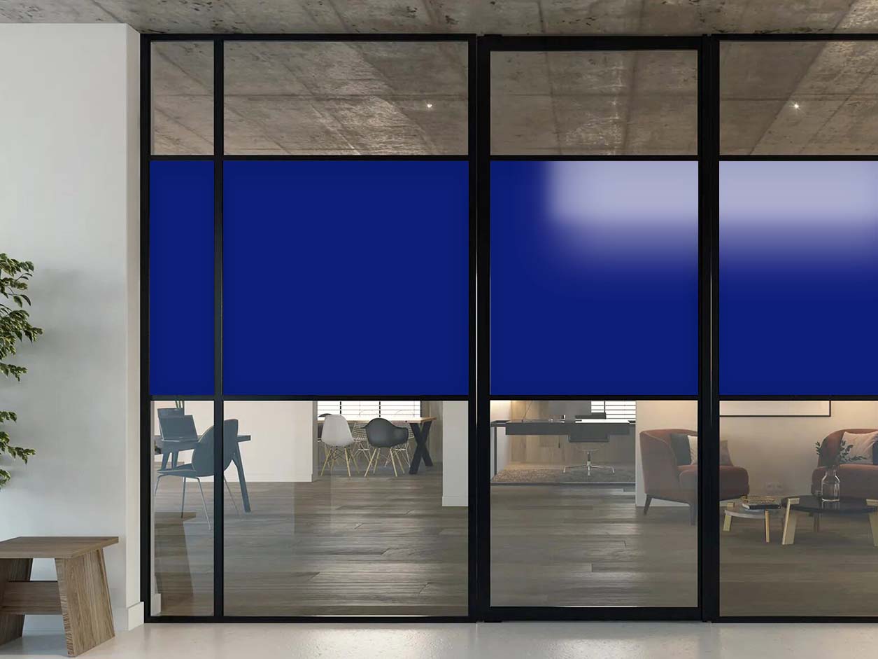 Glass door with blue opaque film