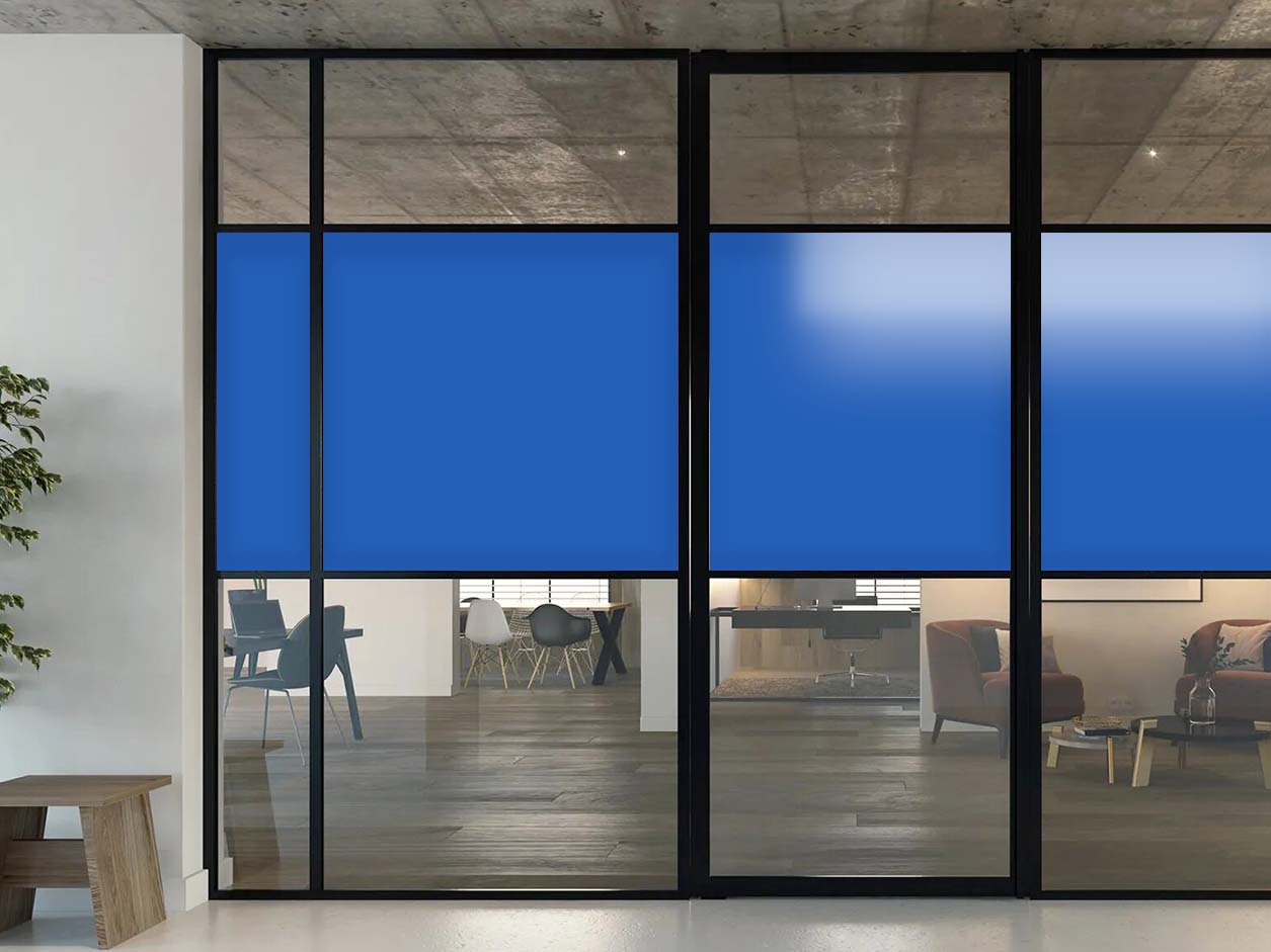 Glass door with blue opaque film