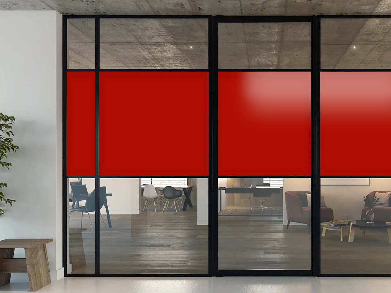 Glass door with red opaque film